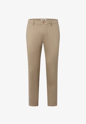 Beige maßgeschneiderte Hosen mit strukturiertem Muster, Reißverschluss und einzelner Knopfverschluss; Slim-Fit-Design mit Eingrifftaschen und geradem Bein.