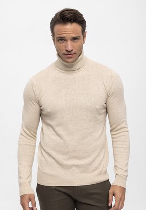 Homme portant un pull à col roulé beige et un pantalon foncé, debout sur un fond blanc, regardant directement devant lui avec une expression neutre.