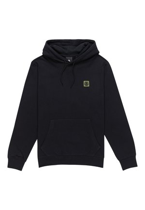Black hoodie made of cotton, featuring a front pocket, adjustable drawstring hood, and a small green logo patch on the left chest.