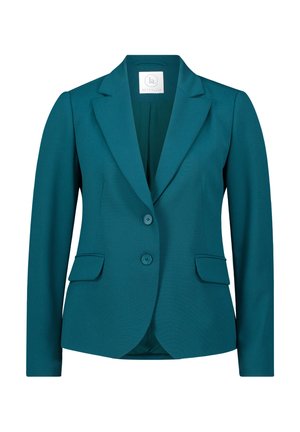 Türkise Damen-Blazer mit taillierter Passform, Reverskragen, Zwei-Knopf-Verschluss und Seiten Taschen, aus einem glatten Textilmaterial.