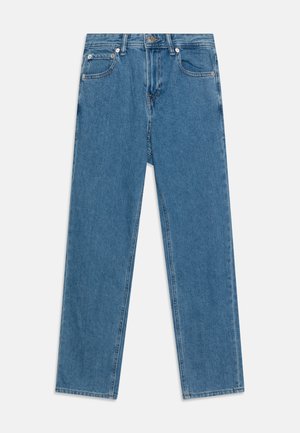 Light blue straight-leg jeans made from denim, featuring a classic five-pocket design, brass button closure, and contrast stitching.