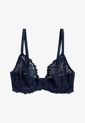 Navy blue lace bra with floral patterns, adjustable straps, and scalloped edges. Features soft cups and underwire for support.