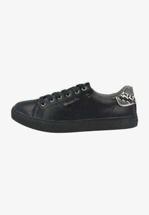 Black leather sneaker with round toe, padded collar, gray accents, and textured heel detail. Six metal eyelets for laces.