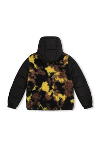 Giacca a vento con cappuccio, frontale in nylon nero e retro peloso caratterizzato da un motivo mimetico in marrone, giallo e nero.