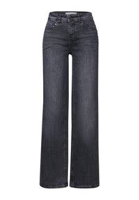 Ciemnoszare jeansy o szerokich nogawkach wykonane z denimu, z zapięciem na guziki i zamek błyskawiczny, pięcioma kieszeniami oraz subtelnymi detalami przeszyć.