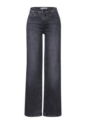 Jeans larghi grigio scuro in denim, con chiusura a bottone e zip, cinque tasche e dettagli di cuciture sottili.