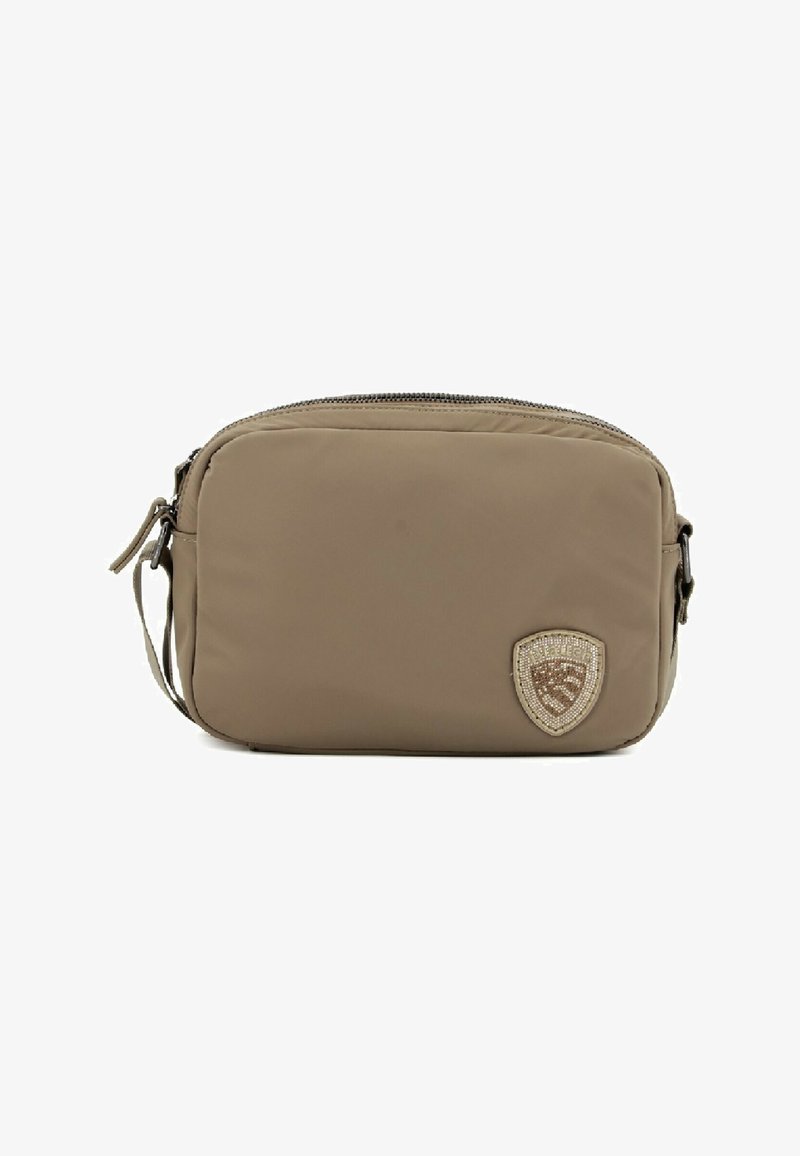 Borsa a tracolla in nylon khaki con chiusura a zip, caratterizzata da un logo a scudo decorativo con strass sul fronte e una tracolla regolabile.