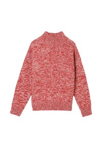 Roter gestrickter Pullover mit hohem Kragen, weiten Ärmeln und einem strukturierten, melierten Muster. Weicher Stoff und gerippte Bündchen sowie Saum.