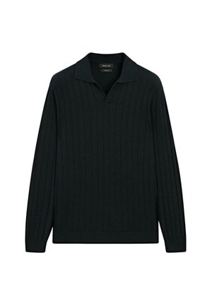 Dark green ribbed pullover with a V-neck and long sleeves. Soft fabric texture, featuring a classic collar and a fitted hemline.