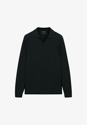 Donkergroene geribbelde trui met een V-hals en lange mouwen. Zachte stofstructuur, met een klassieke kraag en een fitted zoom.
