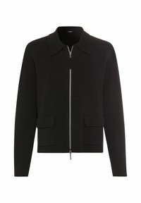 Schwarze Reißverschlussjacke mit Kragen, zwei vorderen Taschen und langen Ärmeln. Strukturierter Stoff mit figurbetontem Schnitt und minimalen Hardware-Details.