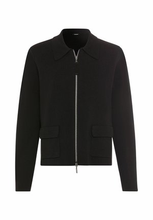 Black zip-up jacket with a collar, two front pockets, and long sleeves. Textured fabric with a fitted design and minimal hardware details.