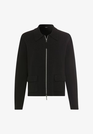 Black zip-up jacket with a collar, two front pockets, and long sleeves. Textured fabric with a fitted design and minimal hardware details.