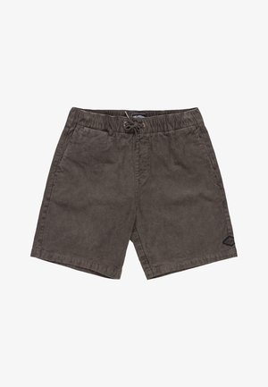 Bruine corduroy shorts met elastische tailleband en trekkoord, met zijzakken en een klein logopatch op het linkerbeen.