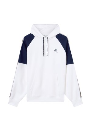 Biała bluza z kapturem z granatowymi rękawami typu raglan. Posiada przednią kieszeń, kaptur ze sznurkiem oraz logo na piersi. Miękki materiał, casualowy design.