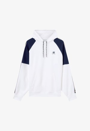 Biała bluza z kapturem z granatowymi rękawami typu raglan. Posiada przednią kieszeń, kaptur ze sznurkiem oraz logo na piersi. Miękki materiał, casualowy design.