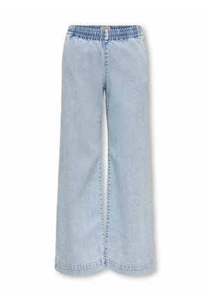 Svetlomodré rifľové nohavice s širokými nohavicami, elastickým pásom a viditeľným prešívaním pozdĺž švov a lemov.