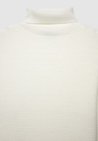Maglione bianco a collo alto con una texture a coste, caratterizzato da un collo alto e un tessuto morbido e lavorato a maglia. Nessun motivo o accessorio visibile.