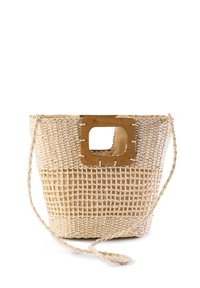 Woven straw bag with a square wooden handle, light beige color, open weave texture, and braided string strap for carrying.