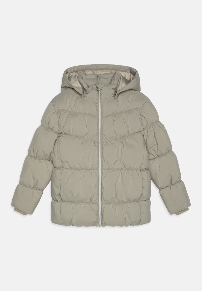 Puffjacka i ljusgrått, med dragkedja fram, huva och quiltade sektioner med en slät textur och elastiska muddar.
