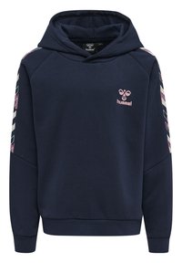 Granatowy hoodie z przednią kieszenią kangurką, kapturem na sznurku i różowym logo. Posiada wzorzyste akcenty wzdłuż rękawów. Miękka faktura materiału.
