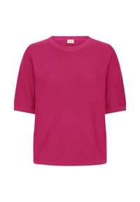 Magenta pleteni džemper s okruglim izrezom i kratkim rukavima. Lagana tekstura s opuštenim krojem i jednostavnim dizajnom.