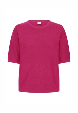 Pulover tricotat magenta cu decolteu rotund și mâneci scurte. Textură ușoară cu croială lejeră și design simplu.