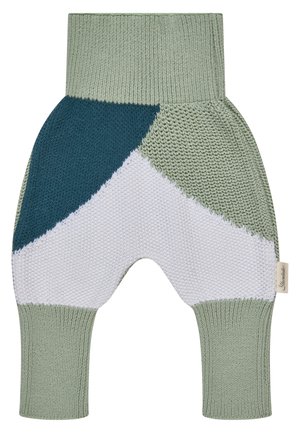 Knitted baby pants with ribbed cuffs in muted green, white, and dark teal color blocks.