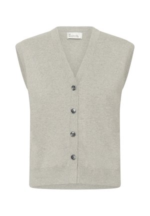 Világosszürke kötött ujjatlan kardigán V-nyakkivágással és négy sötét gombbal az elején.