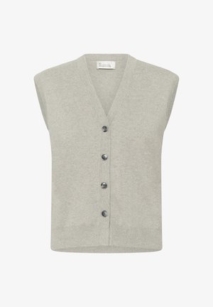 Svetlosivý pletený bezrukávový sveter s výstrihom do V a štyrmi tmavými gombíkmi vpredu.