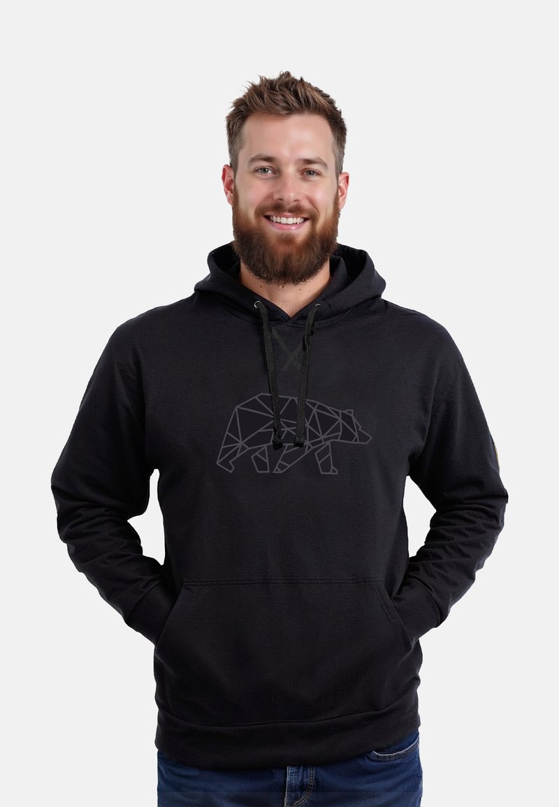 Sudadera negra con un diseño geométrico de un oso en gris, con cordones y un bolsillo tipo canguro. El material parece suave y texturizado.