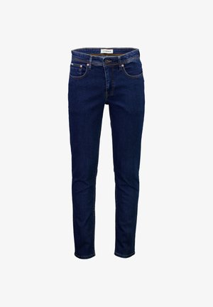 Siniset farkut slim fit -mallissa, joissa on klassinen viisi taskua -designi, kontrastiväriset ompeleet ja vyötärö, jossa on vyölenkit.