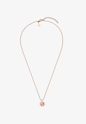 Halskette aus rosévergoldetem Metall mit einer Perlenkette und einem sonnengestalteten Anhänger mit einem zentralen runden Design. Verstellbarer Verschluss mit einem kleinen Anhänger.