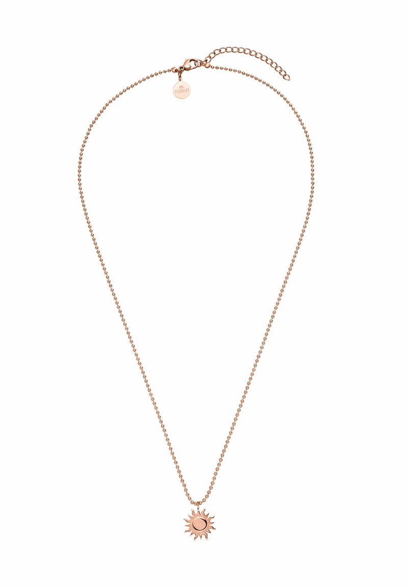Roze-gouden ketting met een kralen ketting en een zonvormige hanger met een centrale ronde design. Verstelbare sluiting met een klein label.