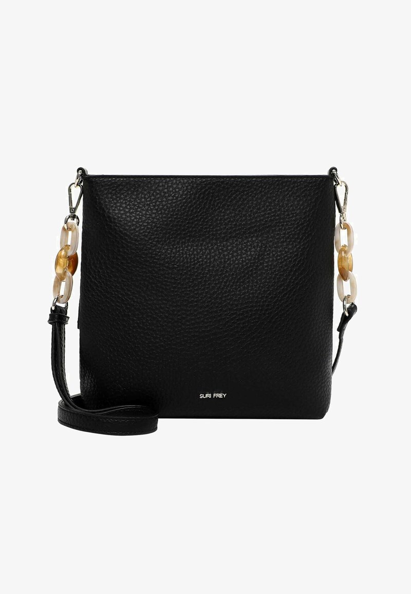 Borsa a tracolla in pelle nera con superficie strutturata, caratterizzata da una cinghia decorativa a catena in tonalità beige e marrone e un logo del marchio in argento.