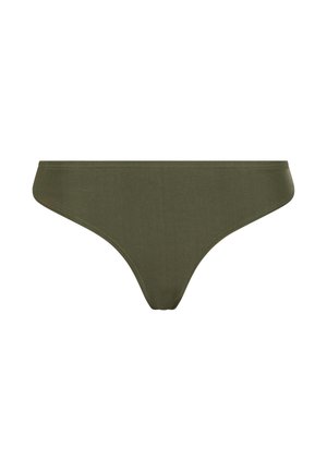 Olivgrüner Bikini-Slip mit niedrigem Bund und schlichtem, nahtlosem Design vor weißem Hintergrund.