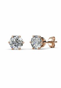Orecchini a bottone rotondi con pietre trasparenti incastonate in griffe in oro rosa, con uno schienale di metallo liscio che mette in risalto una superficie brillante e riflettente.