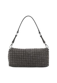 Rechteckige, dunkelgraue, gewebte Wildleder-Handtasche mit einem einzelnen Schultergurt und Beschlägen aus silberfarbigem Metall.