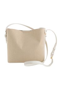 Sac à main beige texturé avec une forme douce, doté d'une bandoulière blanche amovible et de accents en métal doré. Espace de rangement intérieur visible.
