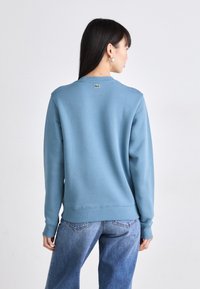 Sudadera de color azul claro con cuello redondo, puños y dobladillo acanalados. Presenta un pequeño logo bordado en la parte posterior cerca del collar.