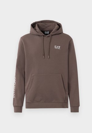Brown hooded sweatshirt made of cotton blend, featuring a front kangaroo pocket, drawstring at hood, and embroidered logo on the chest and sleeve.