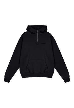Black hoodie with a half-zip neck, adjustable hood, front kangaroo pocket, ribbed cuffs and hem, and subtle branding near the collar.