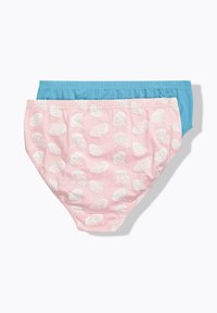 Zwei Paare Damenunterwäsche: eines in Pink mit weißen Blattmustern und eines in einfarbig Blau. Der Stoff scheint weich und dehnbar zu sein. Sie sind übereinander gestapelt dargestellt.