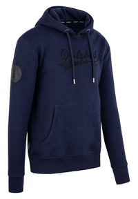 Navy blue pullover hoodie featuring a front pocket, embroidered logo, adjustable drawstrings, and a textured shoulder patch.