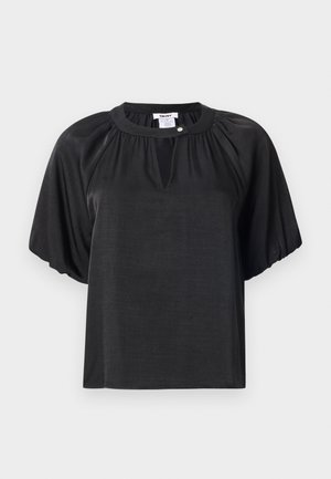 Black short-sleeve top made from lightweight fabric, featuring a round neckline, pleated details, and a small button accent at the collar.