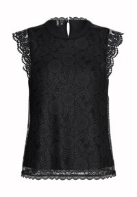 Top in pizzo nero con motivo floreale, maniche a scallop e apertura a occhiello sul retro. Superficie testurizzata con dettagli intricati e linea dritta.