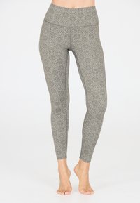 Grijze patroonleggings met een hoge tailleband, voorzien van bloemenmotieven en een gladde textuur, ontworpen voor comfort en flexibiliteit.