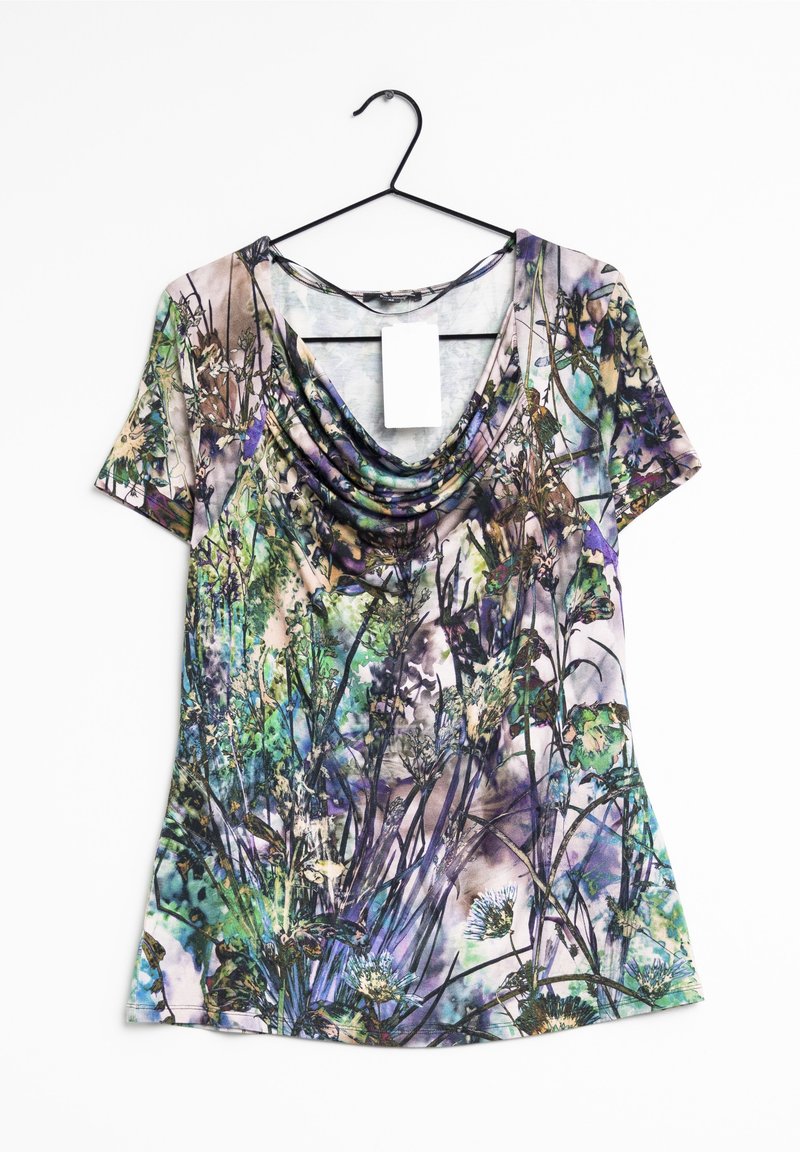 Short-sleeve top made of soft fabric with a draped neckline. Features a multicolored floral print in greens, purples, and browns.
