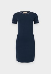 Στενή φορεσιά σε ναυτικό μπλε μήκους μέχρι το γόνατο, με κοντά μανίκια και λευκή ραμμένη διακόσμηση στο λαιμό και στις άκρες των μανικιών.