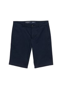 Himmelblaue Shorts aus Baumwollmischung, mit Knopfverschluss, Seitentaschen und geradem Beinschnitt. Größenetikett M sichtbar.